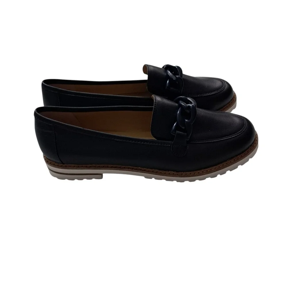 New Talbots Laura Chain Loafers Womens 8M Indigo‎ Blue Leather Slip On Preppy